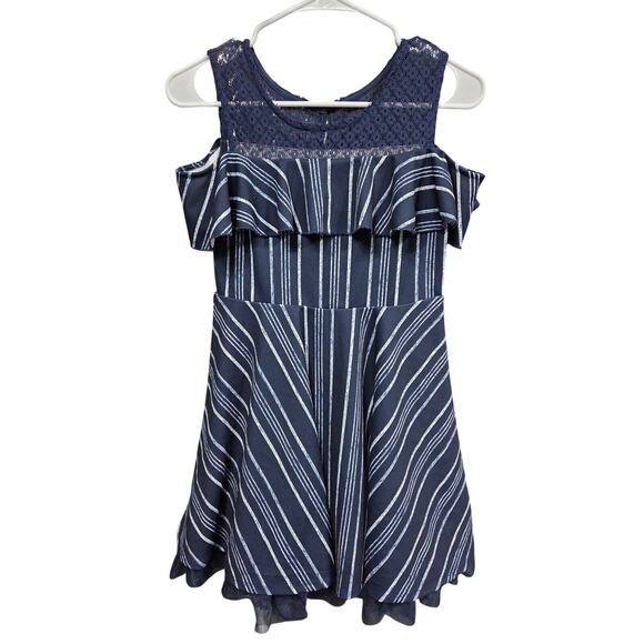 5/$25 Navy and White Striped Cold Shoulder Dress - knit works - 12 - Picture 1 of 4